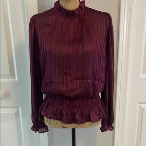 Iris Deep Burgundy Long Sleeve Blouse with Ruffled Neckline and Pleated Peplum
